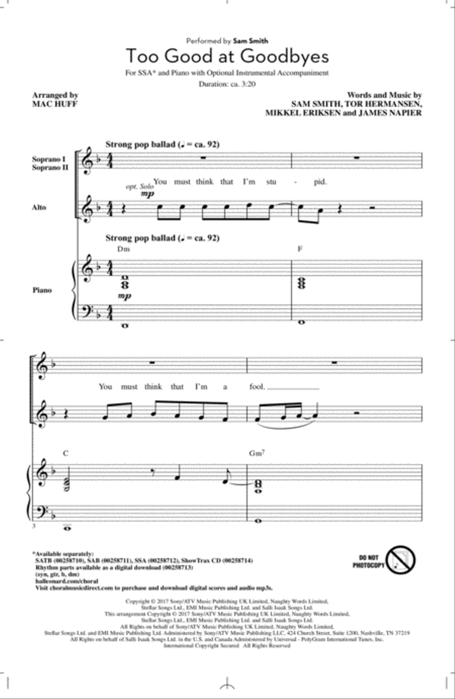 Too Good At Goodbyes SSA scores gallery preview page 1