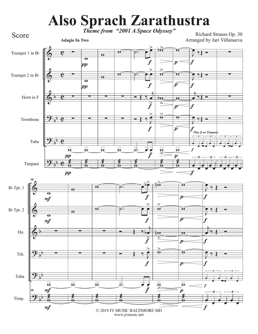 Also Sprach Zarathustra for Brass Quintet with optional Timpani Brass Ensemble scores gallery preview page 3