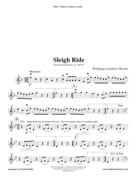 Sleigh Ride from German Dance, K. 605 #3 for String or Piano Trio (or Wind Trio or Mixed Trio)