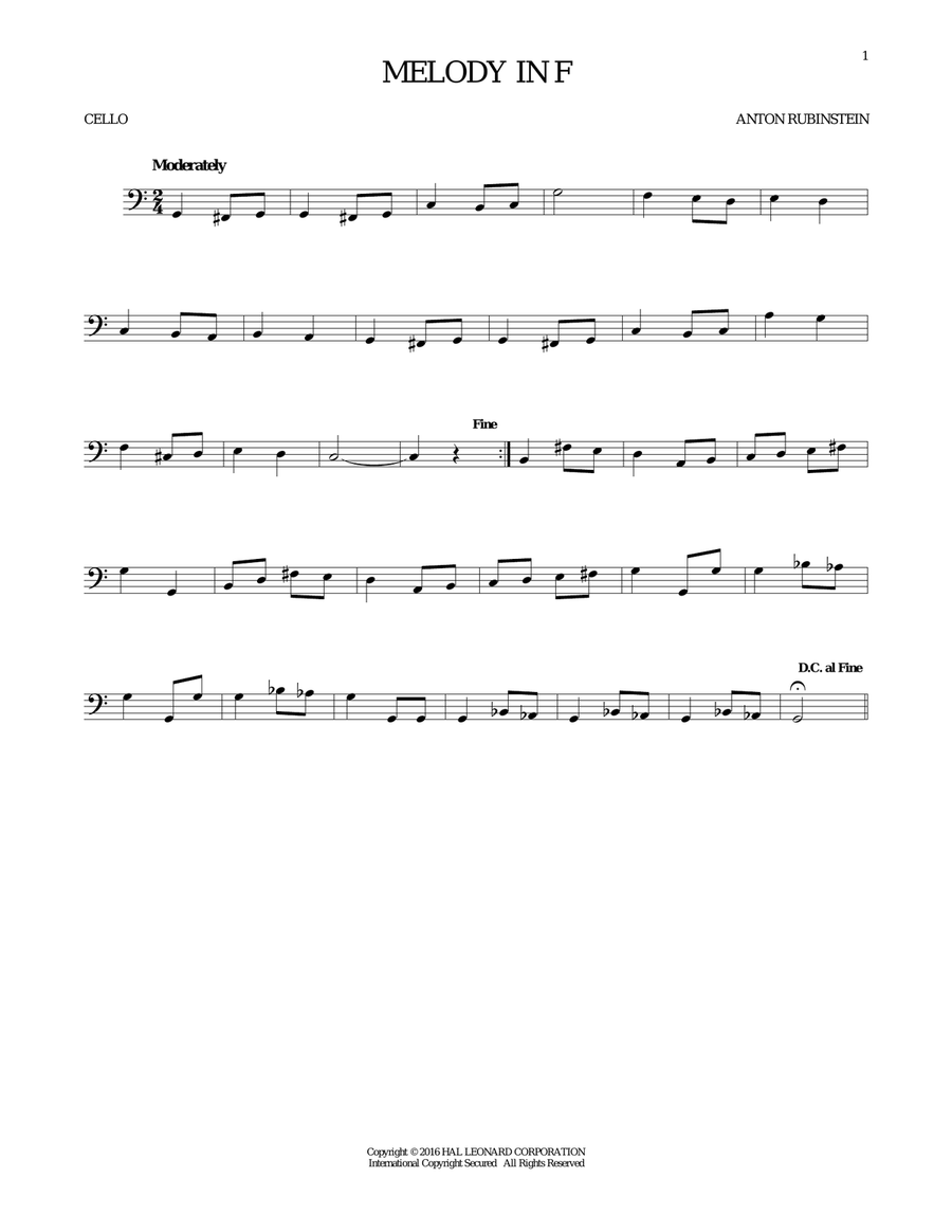 Melody In F Cello Solo scores gallery preview page 1