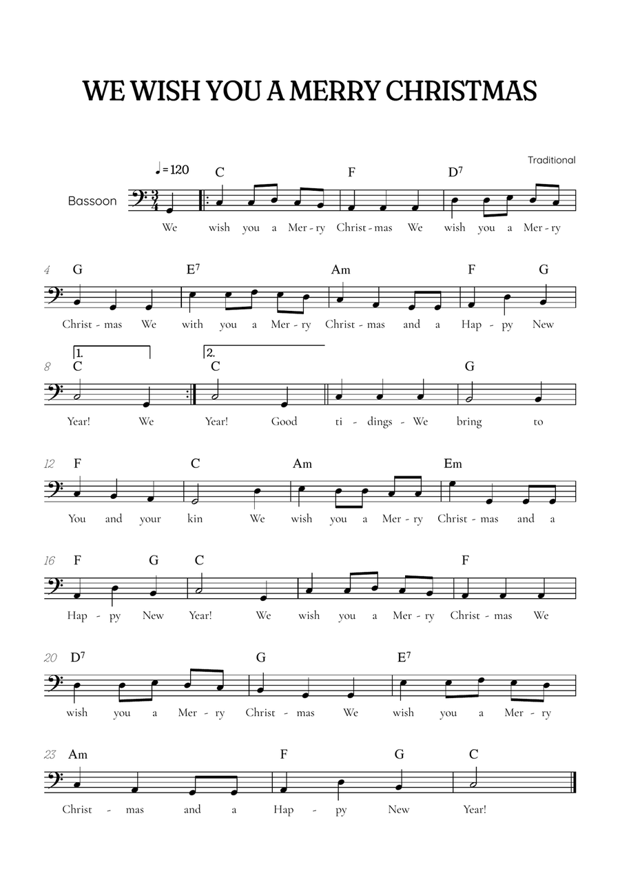 We Wish You a Merry Christmas for bassoon • easy Christmas sheet music with chords and lyrics Bassoon Solo scores gallery preview page 1