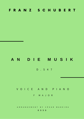 Book cover for An Die Musik - Voice and Piano - F Major (Full Score and Parts)