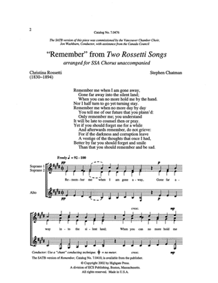 Book cover for Two Rossetti Songs: 2. Remember (Downloadable)