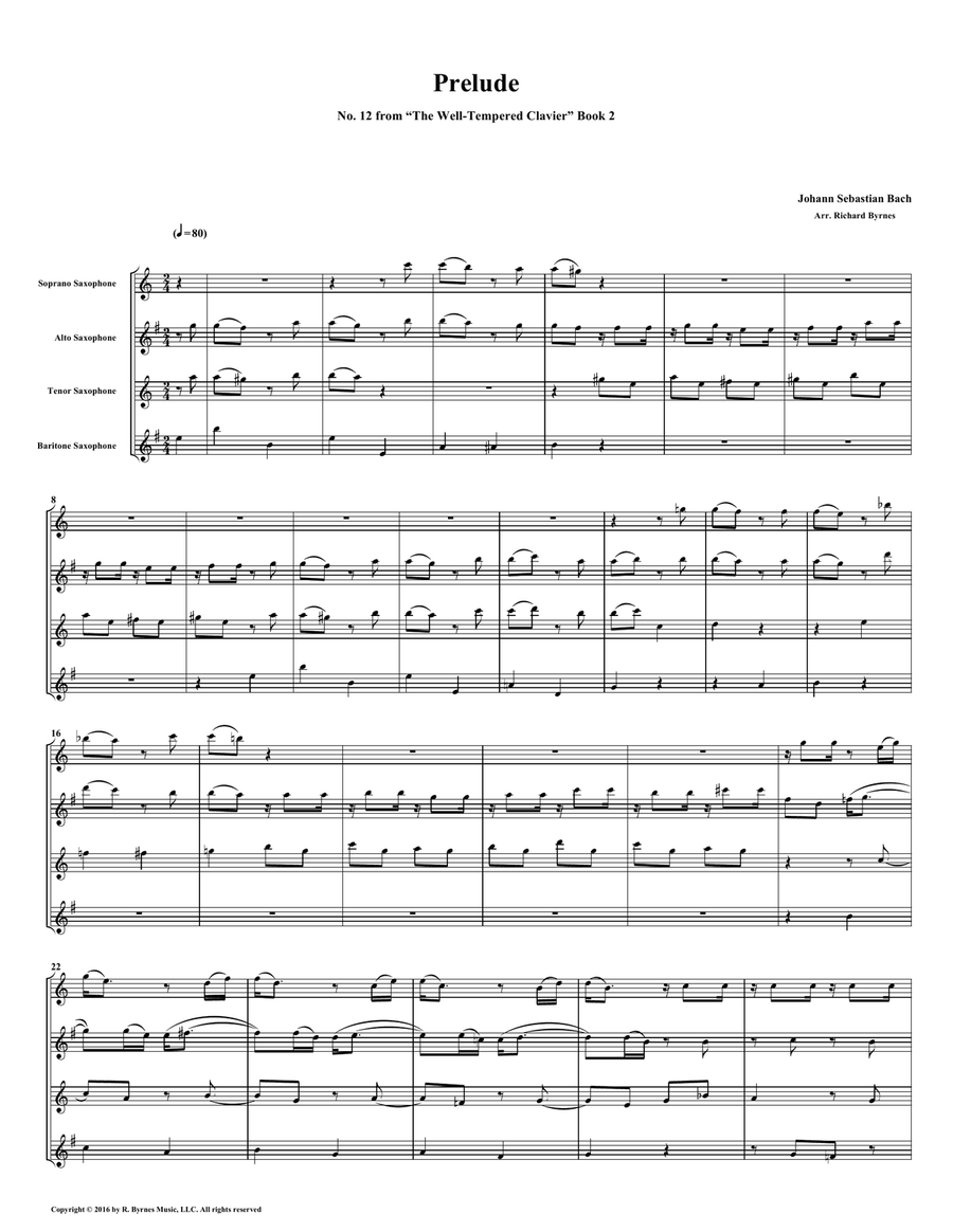 Prelude 12 from Well-Tempered Clavier, Book 2 (Saxophone Quartet) Saxophone Quartet scores gallery preview page 1