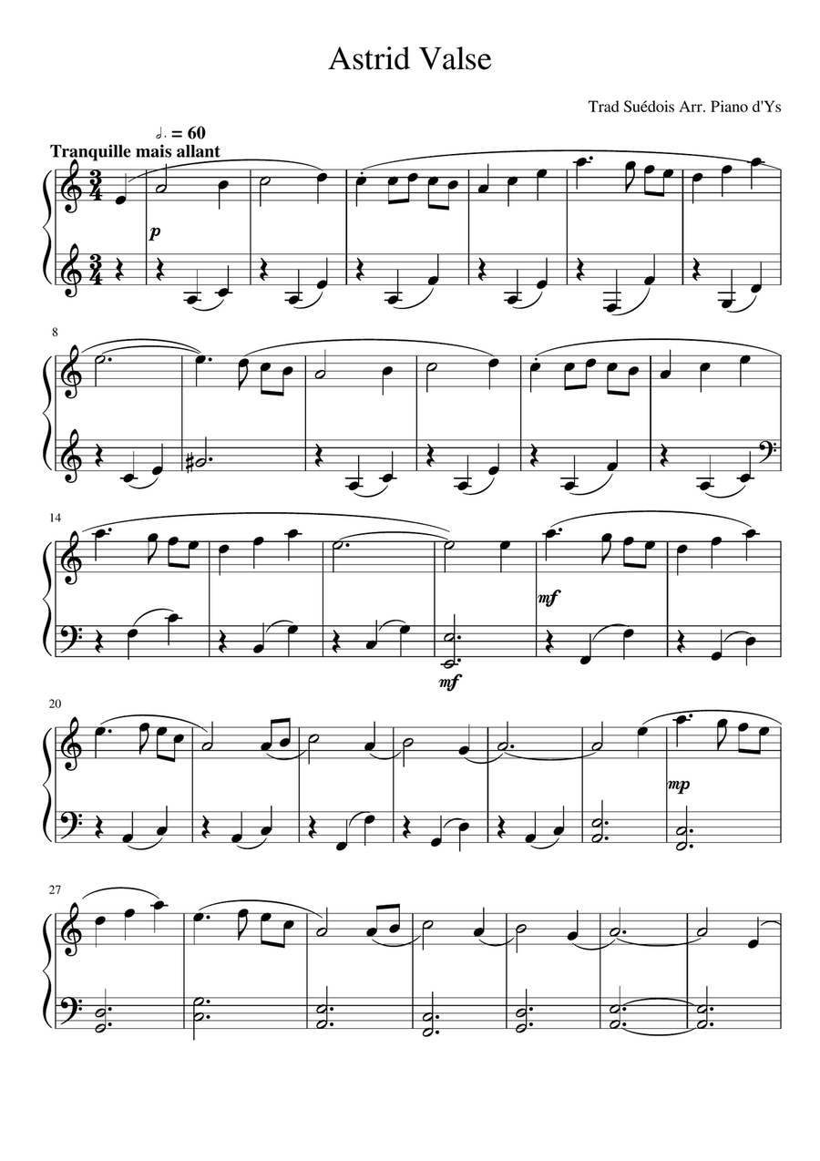 Astrid Waltz, Swedish Trad, Arr Piano Solo Easy Piano scores gallery preview page 1