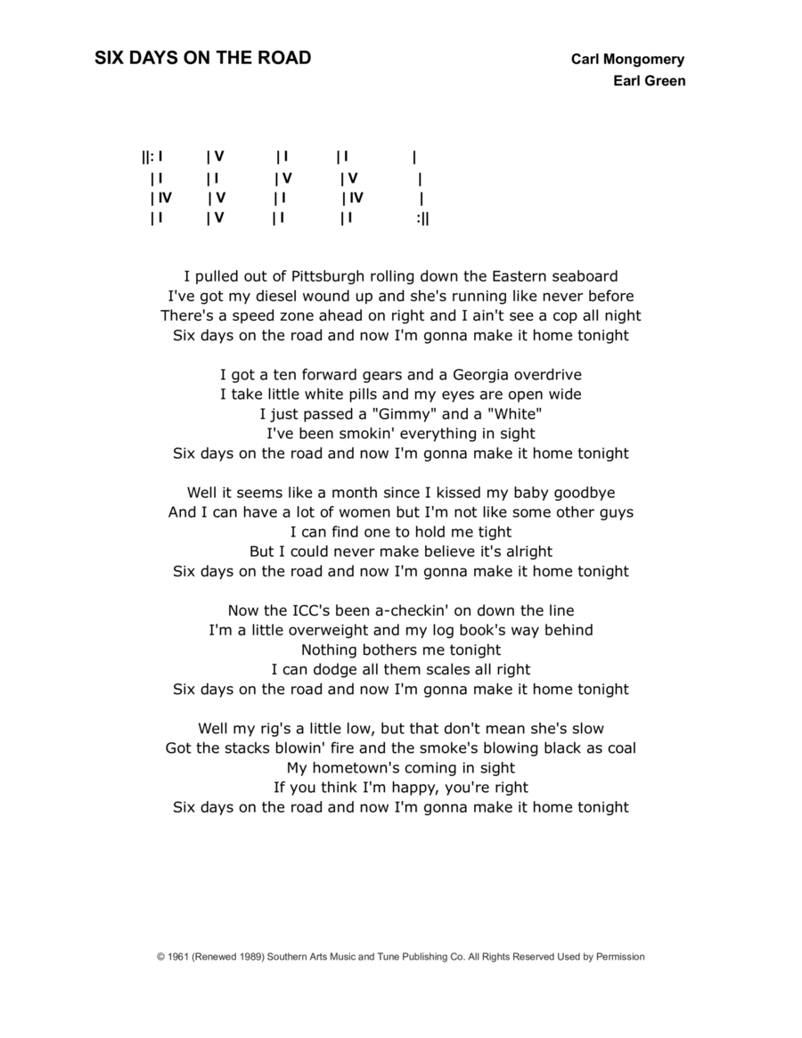 Six Days On The Road Six Days On The Road Electric Guitar scores gallery preview page 1