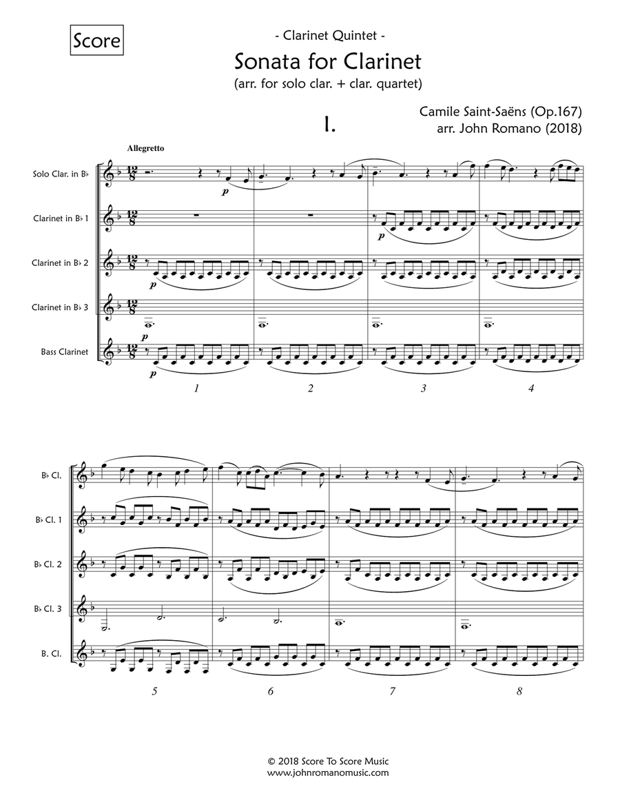 Saint-Saens - Clarinet Sonata (Clarinet Quintet) Clarinet Quintet scores gallery preview page 1