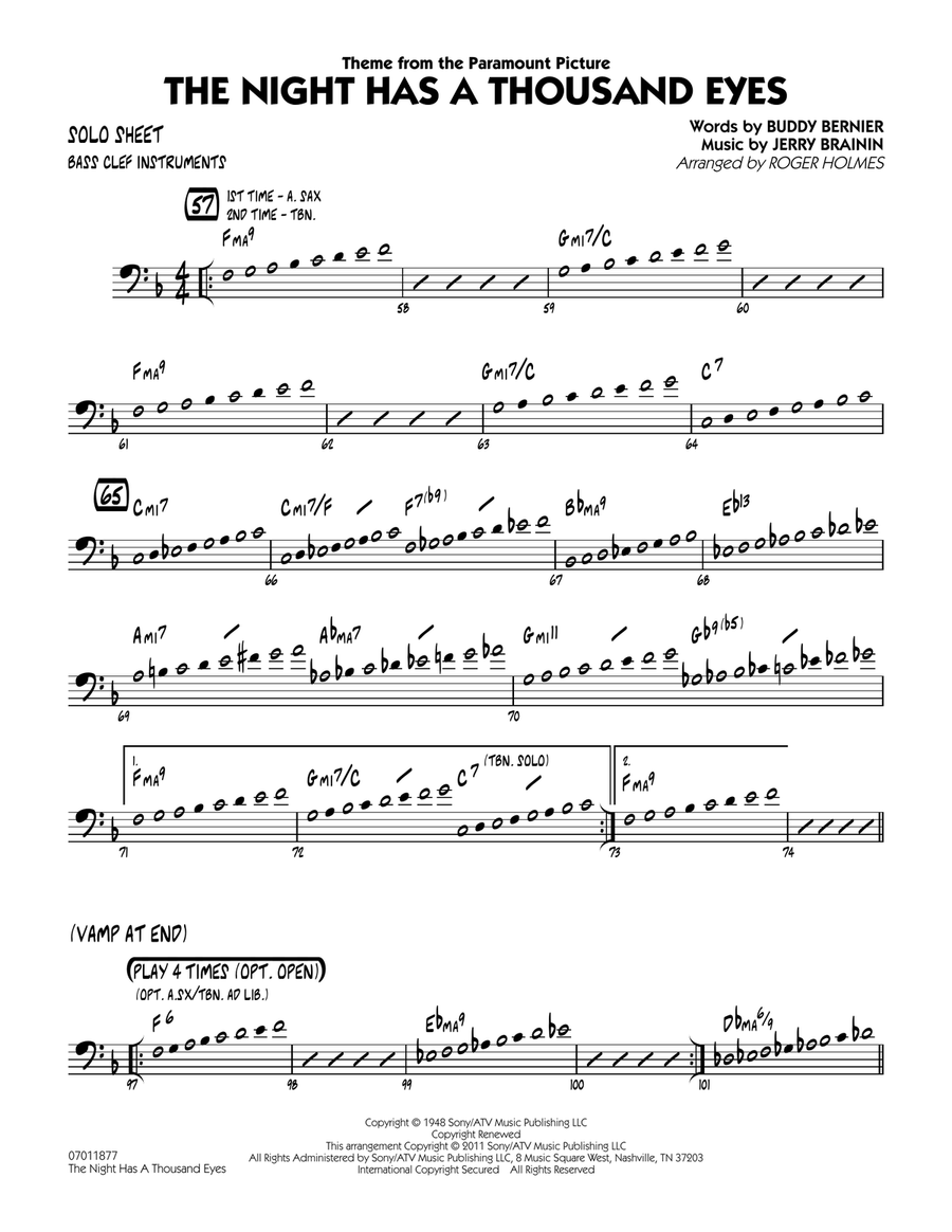 The Night Has A Thousand Eyes - Bass Clef Solo Sheet Jazz Ensemble scores gallery preview page 1
