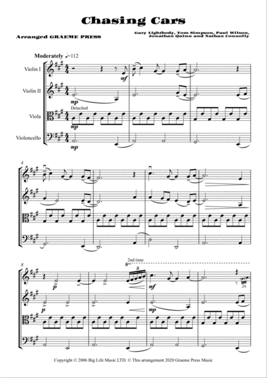 Chasing Cars String Quartet scores gallery preview page 2