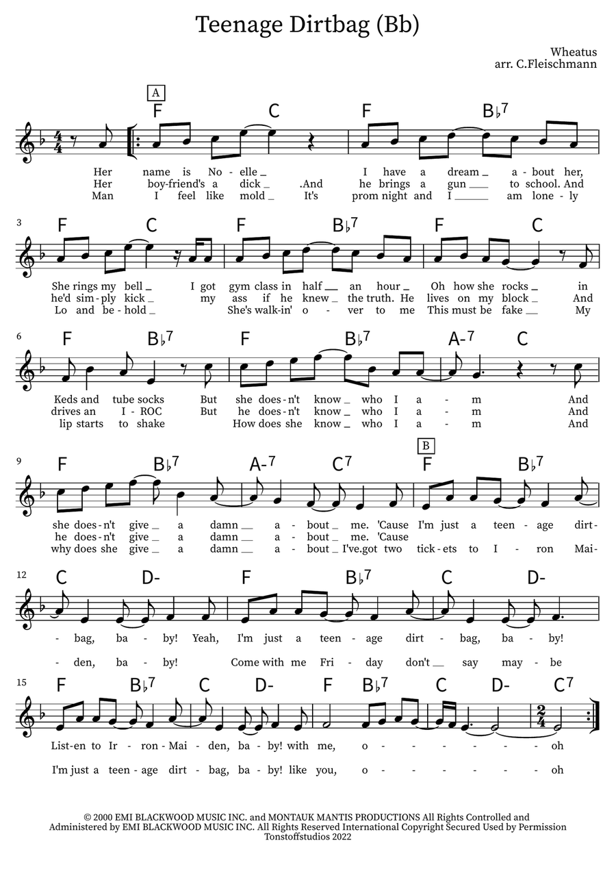 Teenage Dirtbag Teenage Dirtbag Piano scores gallery preview page 1