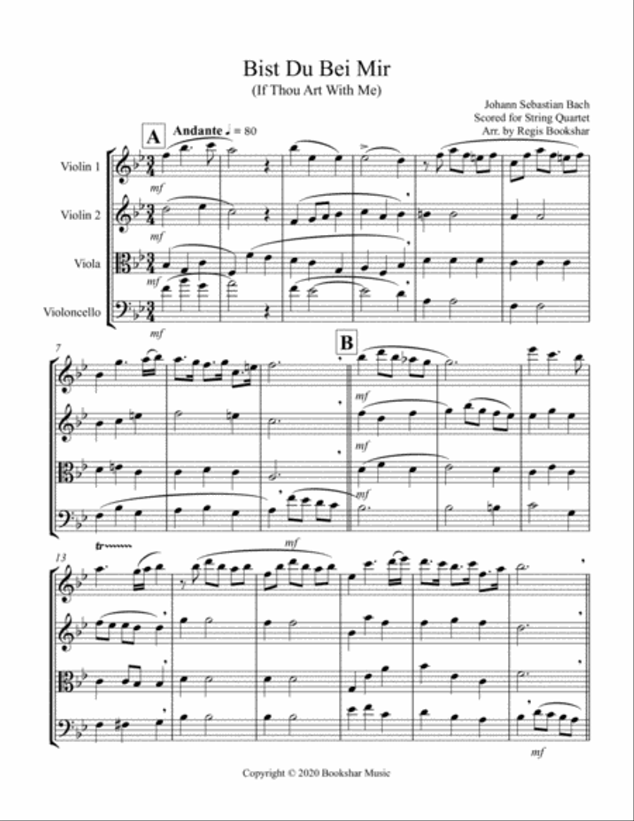 Bist Du Bei Mir (String Quartet 2 Violins, 1 Viola, 1 Cello) String Quartet scores gallery preview page 1