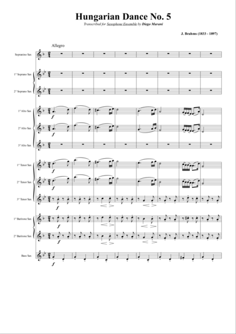 Hungarian Dance No. 5 for Saxophone Ensemble Woodwind Ensemble scores gallery preview page 1