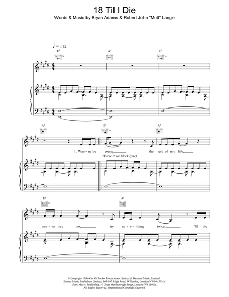 18 Til I Die by Bryan Adams Piano, Vocal, Guitar - Digital Sheet Music
