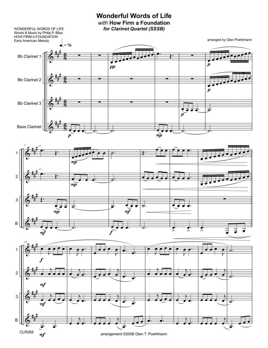 WONDERFUL WORDS OF LIFE with How Firm a Foundation - CLARINET QUARTET (unaccompanied) Clarinet Quartet scores gallery preview page 1