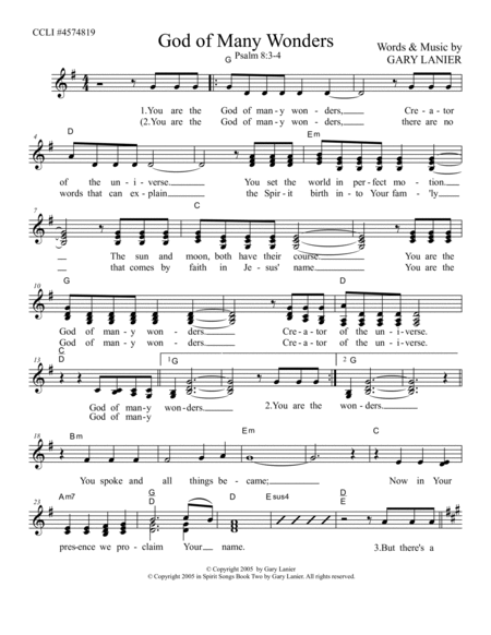 GOD OF MANY WONDERS, Lead Sheet (Includes Melody, Vocal Parts, Lyrics & Chords) image number null