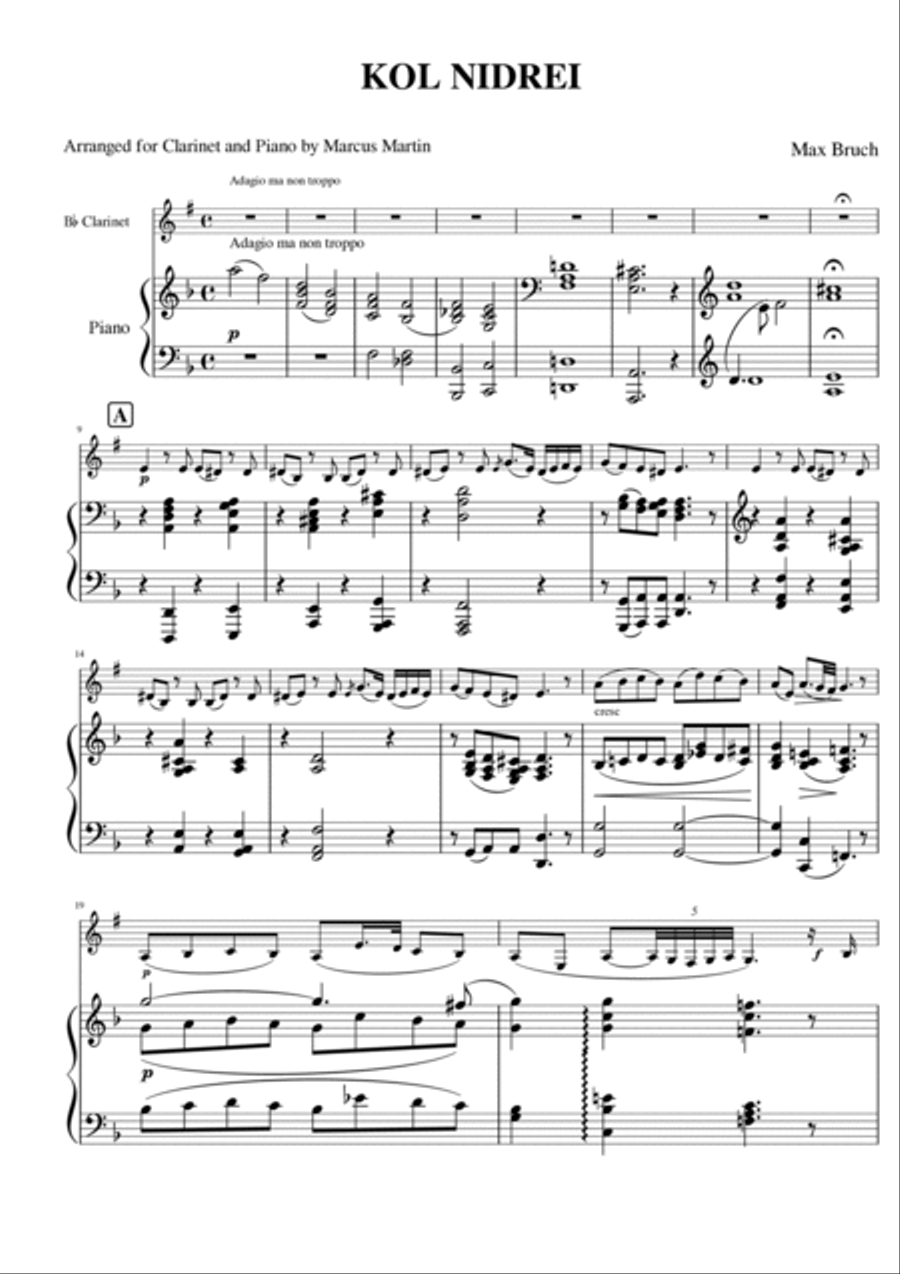 Kol Nidrei arranged for Clarinet (Bb or A) and Piano Clarinet Solo scores gallery preview page 3