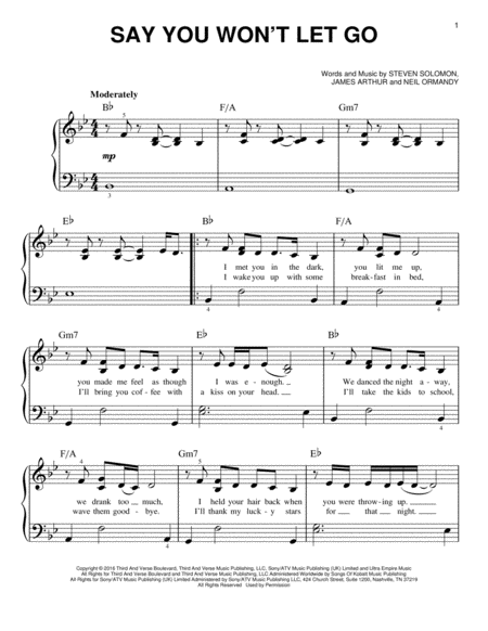 Say You Won't Let Go by James Arthur Easy Piano - Digital Sheet Music
