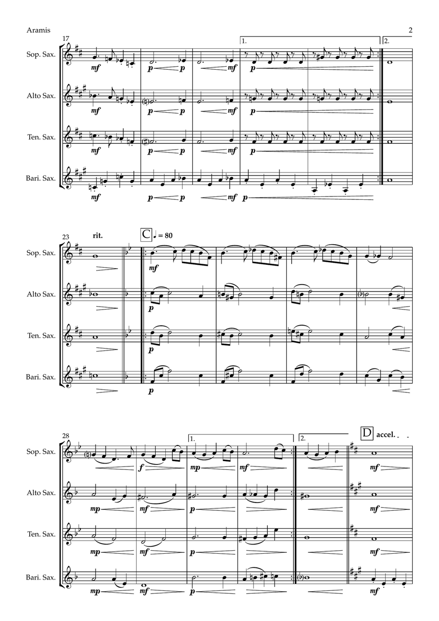 Aramis - The Vole Slayer from The Cat Suite (saxophone quartet - SATB) Saxophone Quartet scores gallery preview page 2