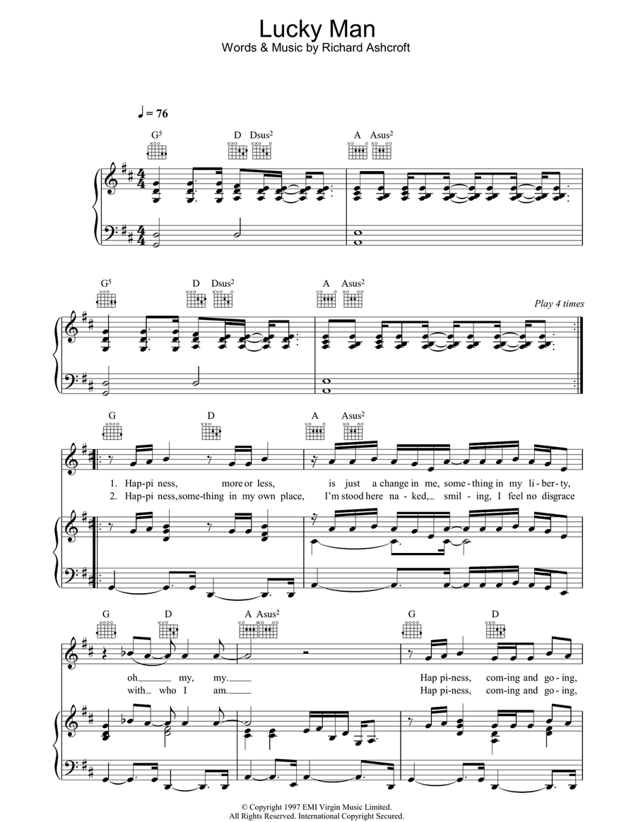 Lucky Man Lucky Man Piano, Vocal, Guitar scores gallery preview page 1