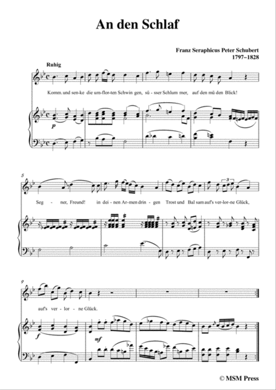 Schubert-An den Schlaf,in B flat Major,for Voice&Piano Voice scores gallery preview page 3