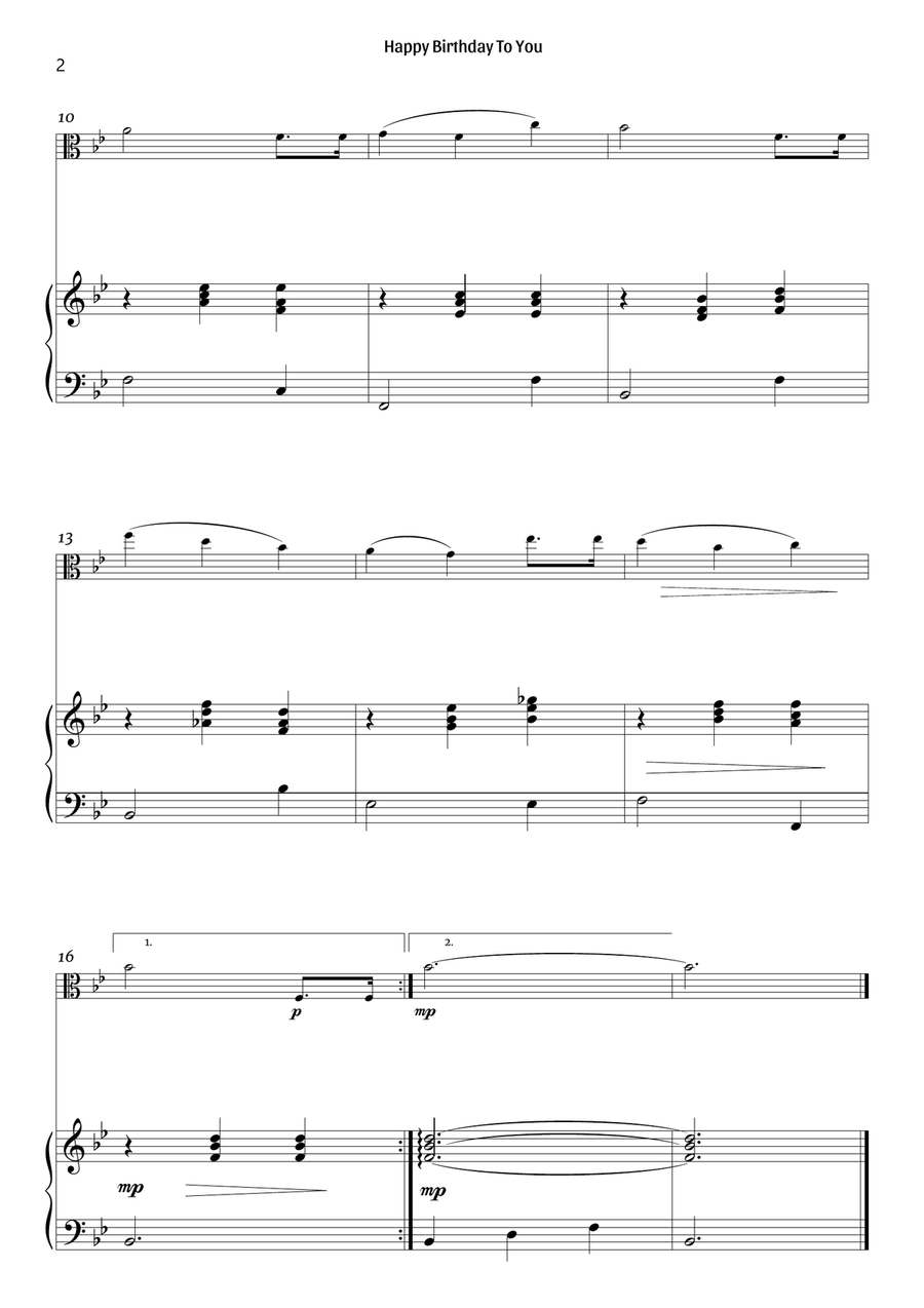 Happy Birthday To You (viola and piano – clean sheet music) Piano scores gallery preview page 2