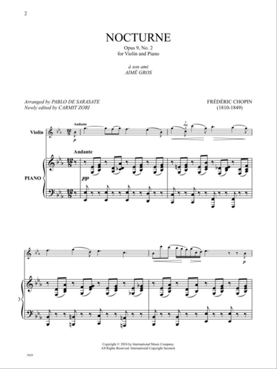 Nocturne, Opus 9, No. 2, for Violin and Piano Violin Solo scores gallery preview page 2