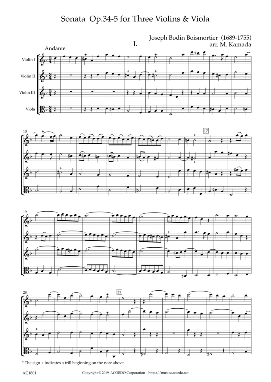Sonata Op.34-5 for Three Violins & Viola String Duet scores gallery preview page 1