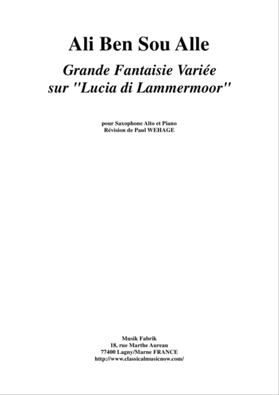 Book cover for Ali Ben Sou Alle: Grande Fantaisie Variée sur "Lucia di Lammermoor" for alto saxophone and piano