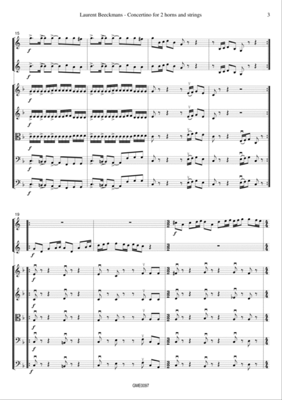 Laurent Beeckmans - Concertino for 2 horns and strings - score and parts Chamber Orchestra scores gallery preview page 5