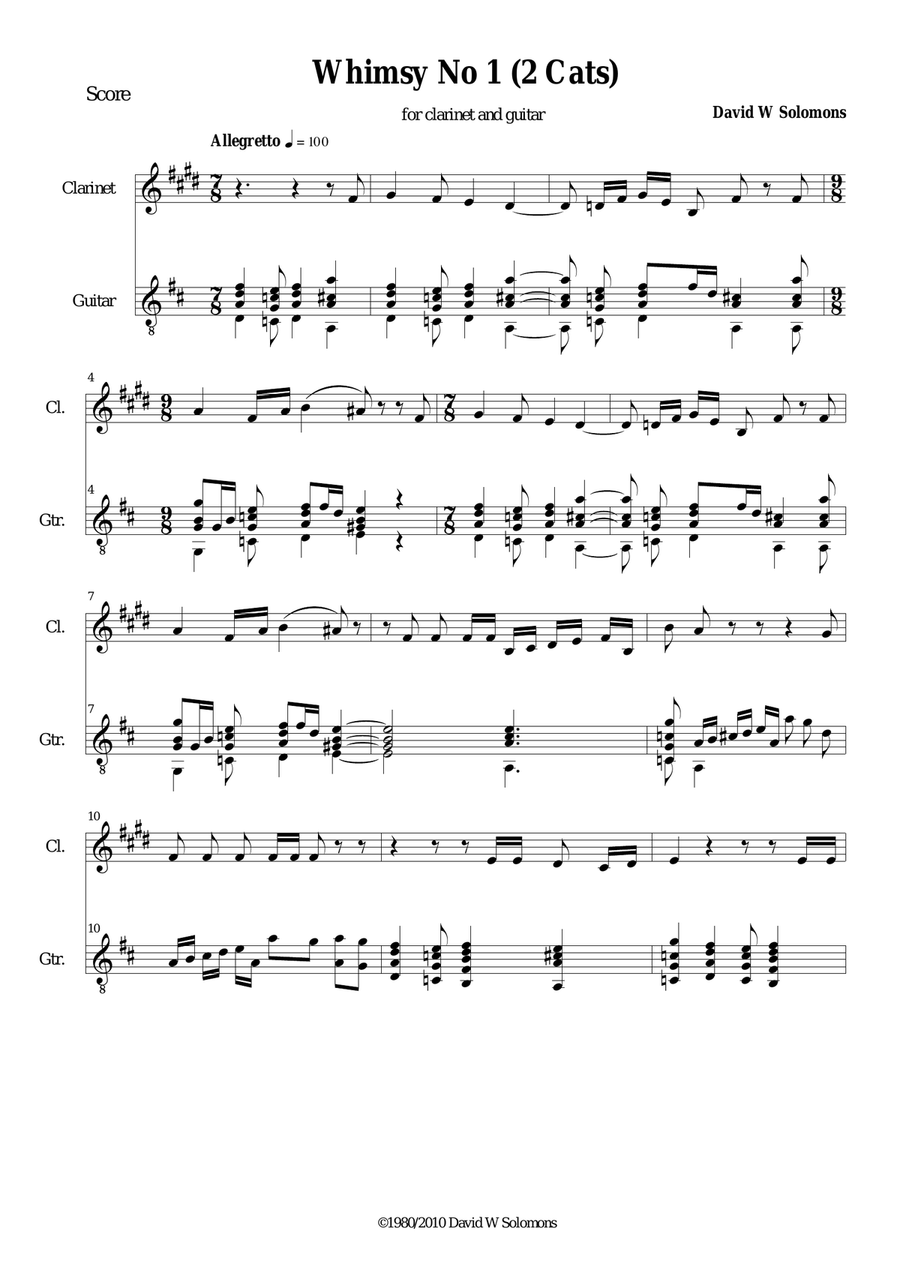Whimsy - 2 cats Clarinet and guitar Clarinet scores gallery preview page 1