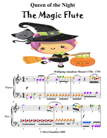 Queen of the Night Magic Flute Easy Piano Sheet Music with Colored Notation
