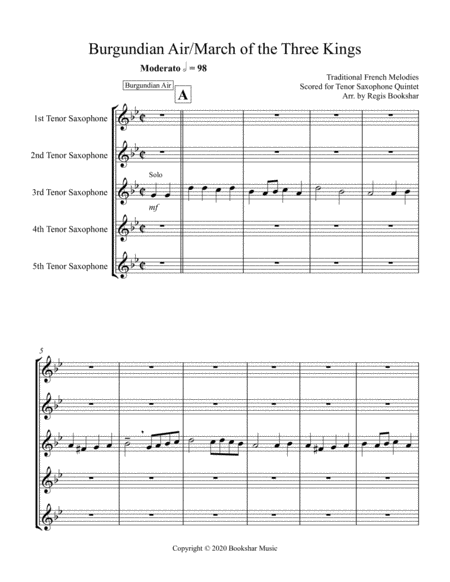 Burgundian Air/March of the Three Kings (F min) (Tenor Saxophone Quintet)