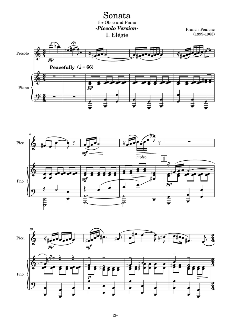 Sonata for Oboe and Piano, I. Elégie, {Piccolo Version} Piccolo scores gallery preview page 1
