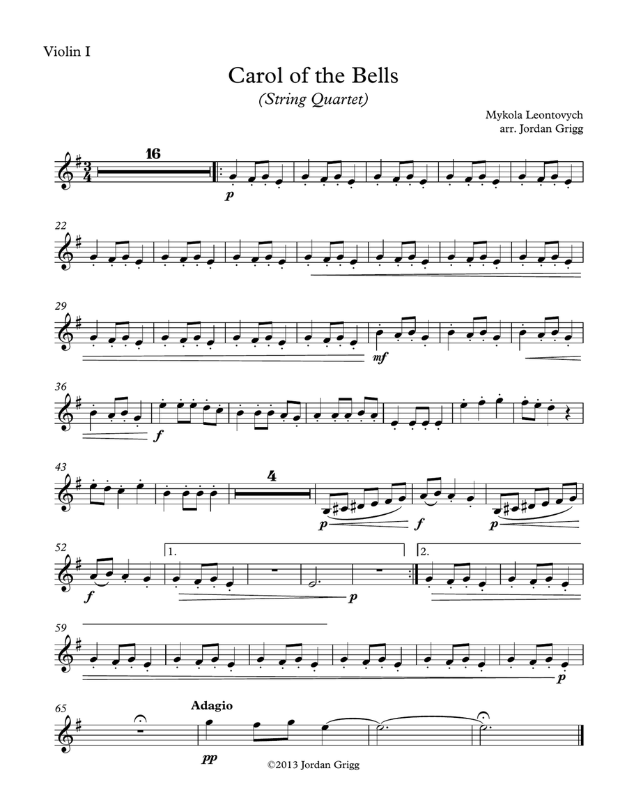 Carol of the Bells (String Quartet) - Score and parts image number null