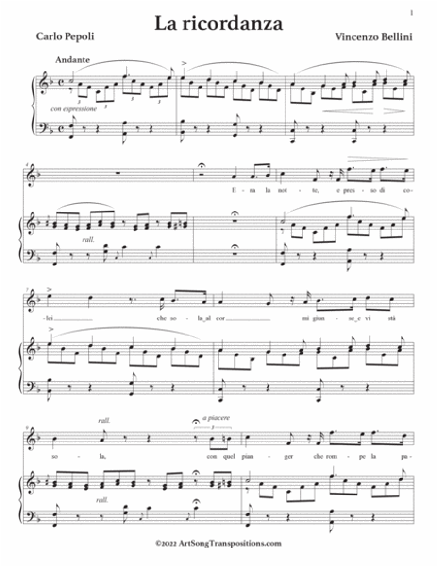 BELLINI: La ricordanza (transposed to F major) Voice scores gallery preview page 2