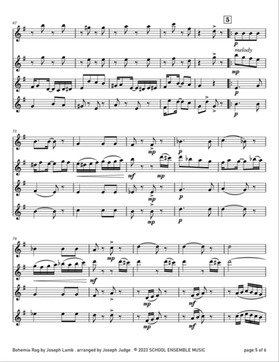Bohemia Rag by Joseph Lamb for Clarinet Quartet Clarinet Quartet scores gallery preview page 5