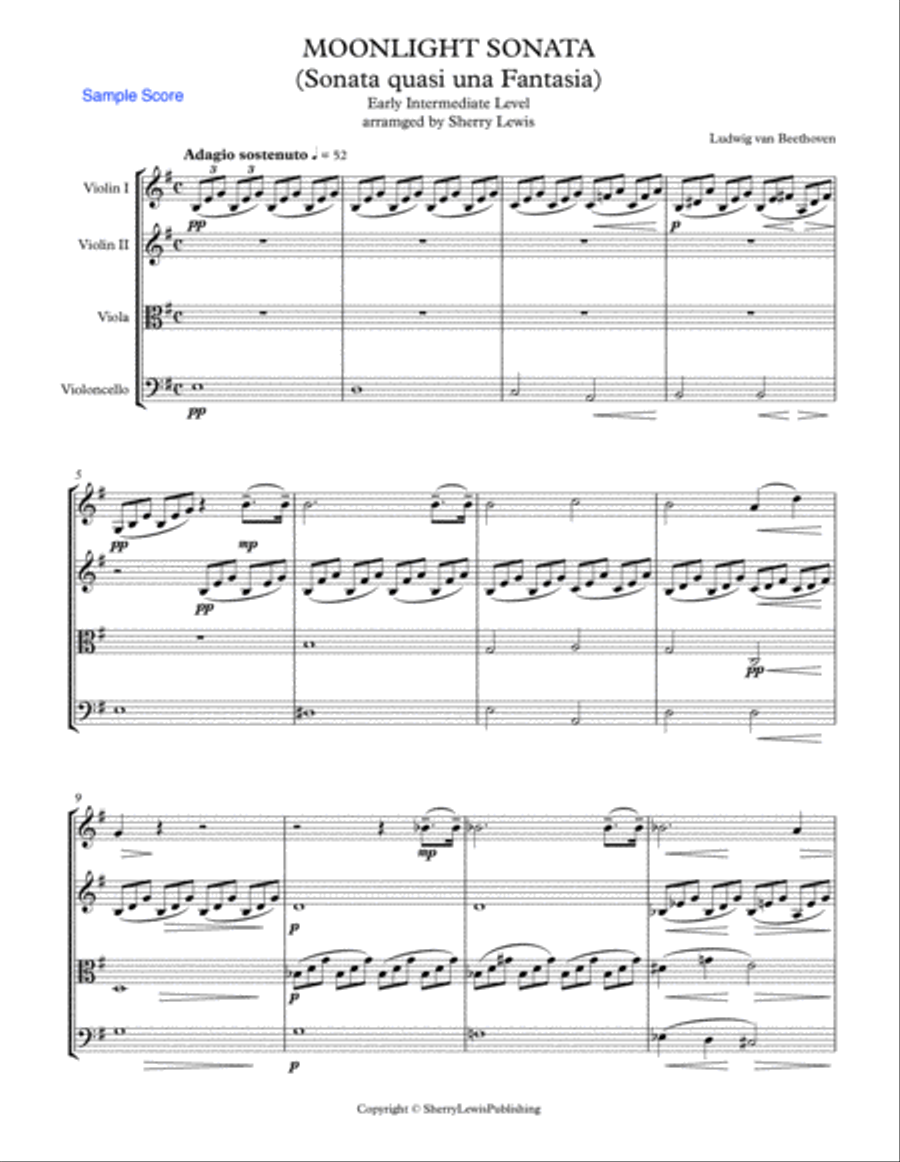 MOONLIGHT SONATA (Sonata quasi una Fantasia), Beethoven, String Quartet, Early Intermediate Level fo String Quartet scores gallery preview page 3