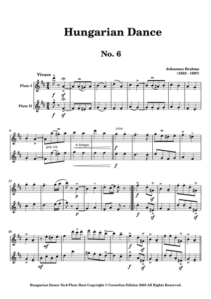 Johannes Brahms Hungarian Dance No, 6 for Flute Duet. Ungarischer Tanz Nr. 6 Woodwind ensemble.