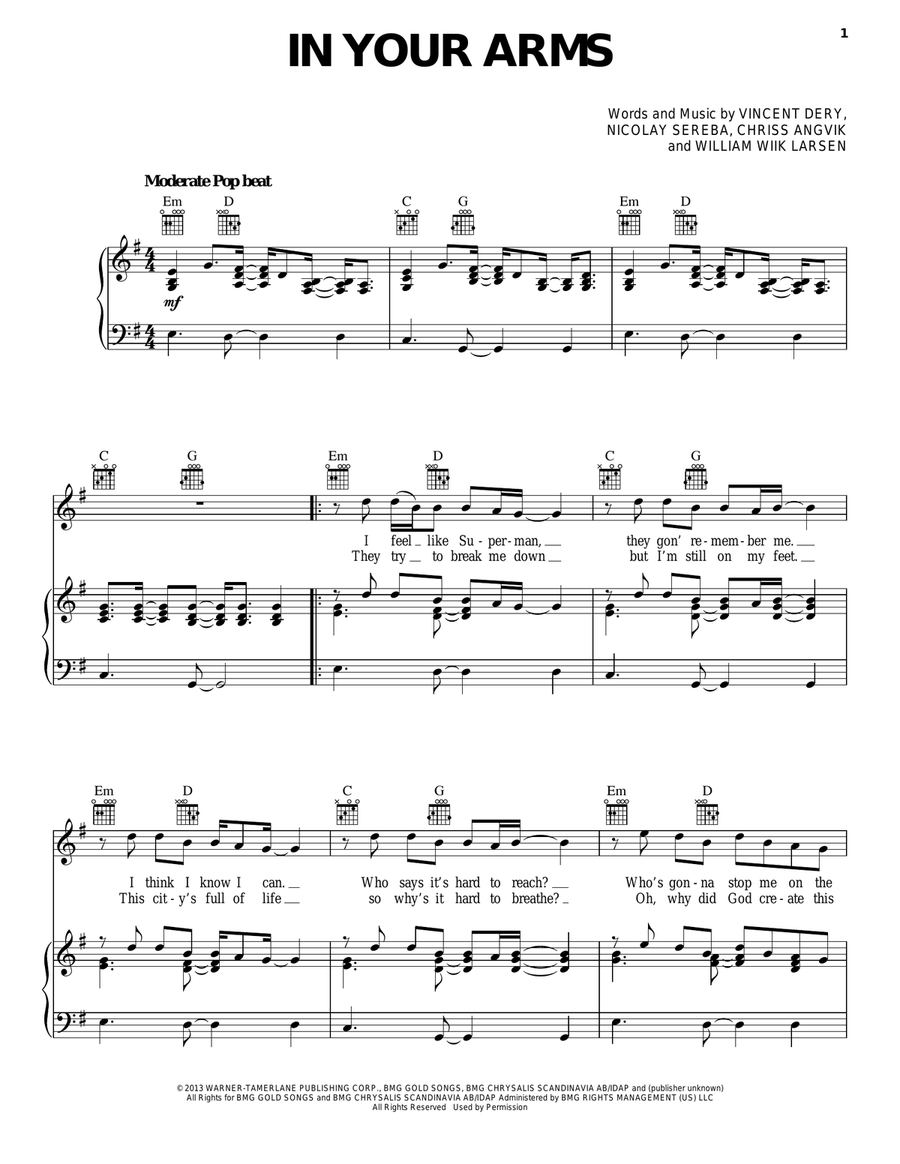 In Your Arms In Your Arms Piano, Vocal, Guitar scores gallery preview page 1