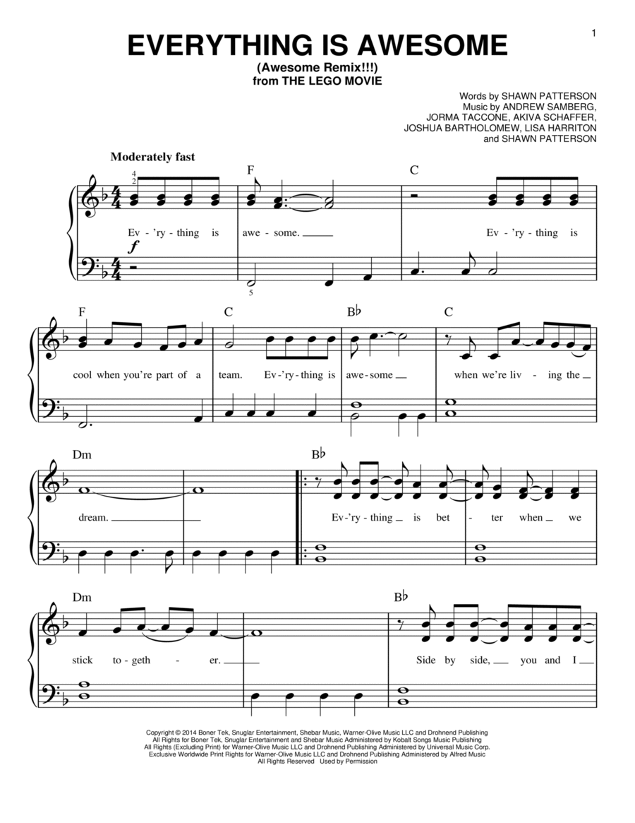 Everything Is Awesome (from The Lego Movie) (feat. The Lonely Island) Easy Piano scores gallery preview page 1