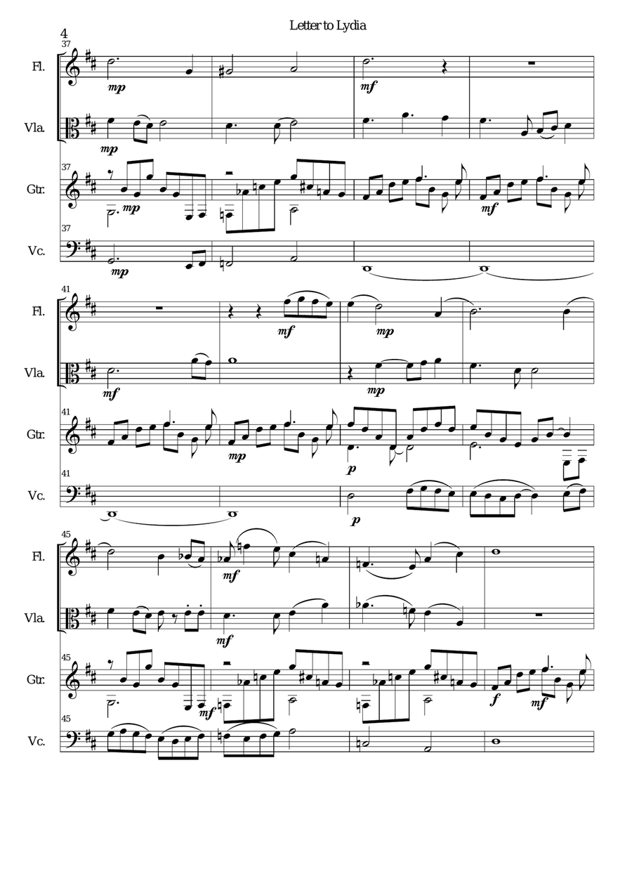 Letter to Lydia for viola, flute, cello and guitar Small Ensemble scores gallery preview page 4