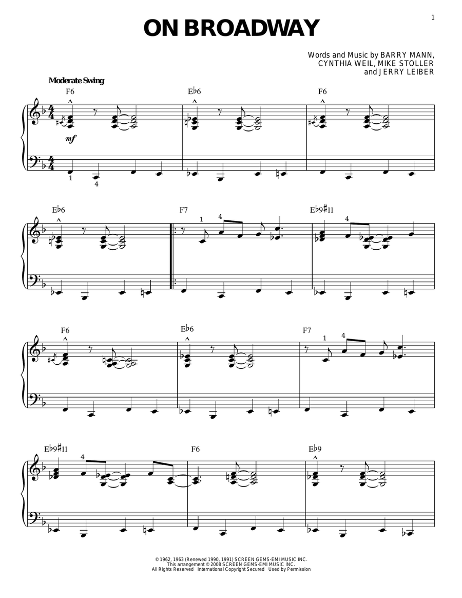 On Broadway [Jazz version] (arr. Brent Edstrom) Piano Solo scores gallery preview page 1