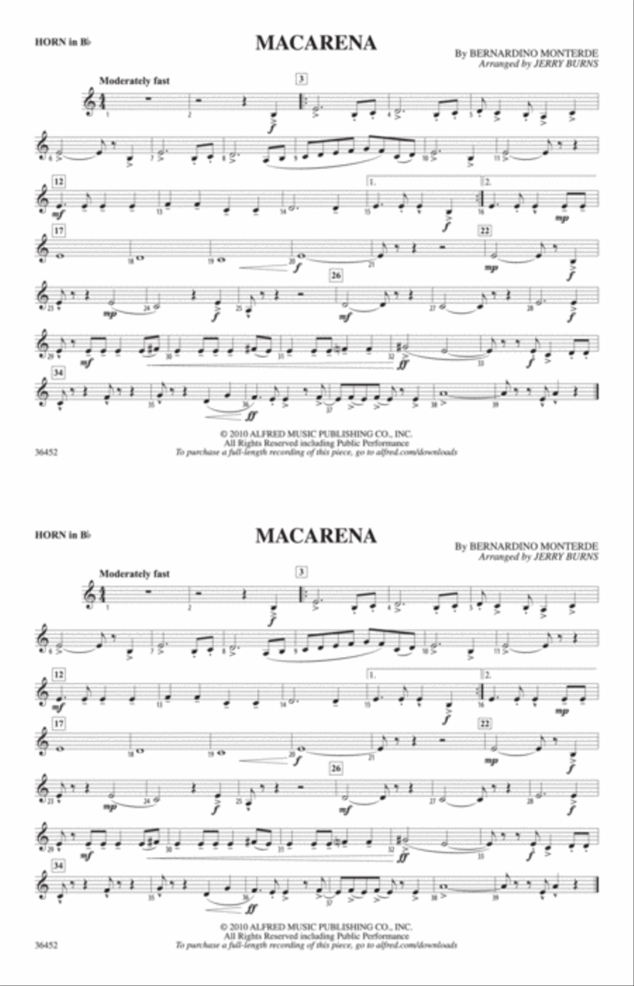 Macarena: Horn in B flat Marching Band scores gallery preview page 1