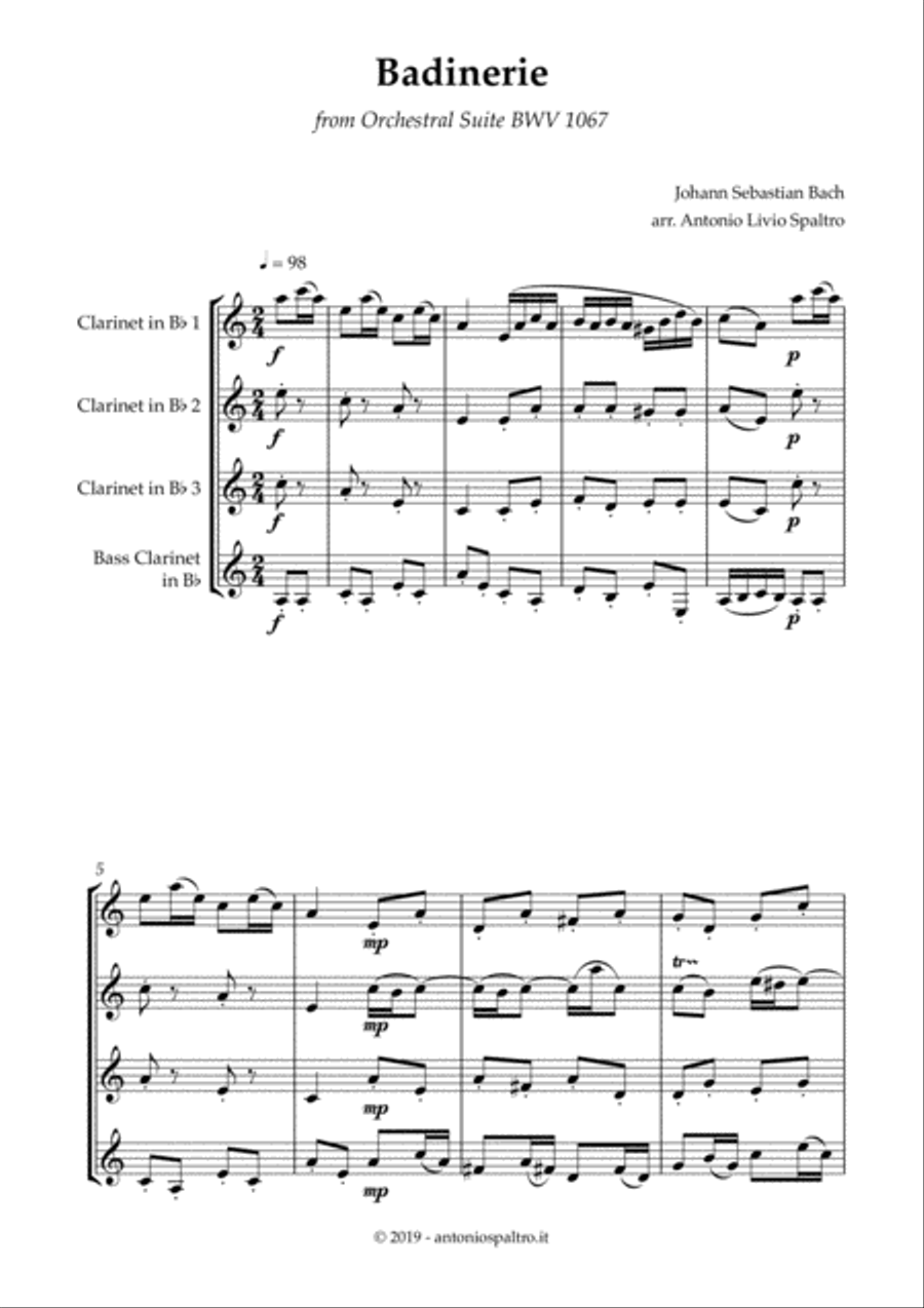 Badinerie (J.S. Bach) for Clarinet Quartet Clarinet Quartet scores gallery preview page 2