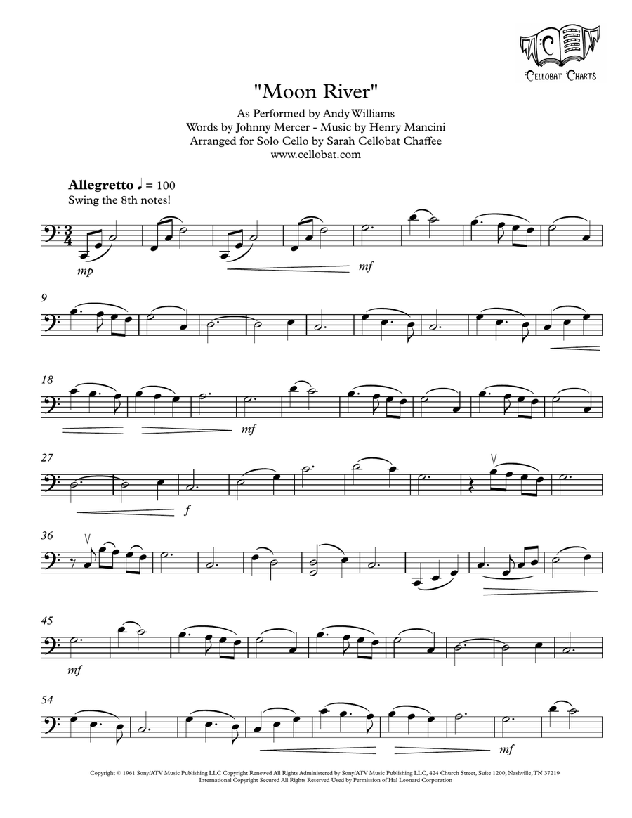 Moon River Cello Solo scores gallery preview page 1