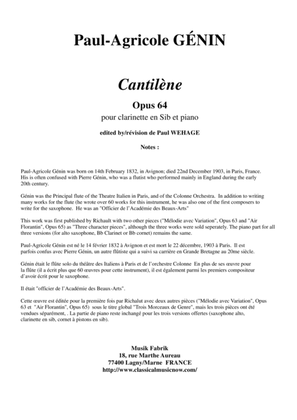 Book cover for Paul-Agricole Génin: Cantilène, Opus 64 for Bb clarinet and piano