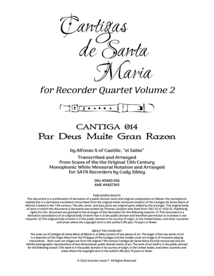 Cantigas de Santa Maria 014 Par Deus Muite Gran Razon for Recorder Quartet image number null