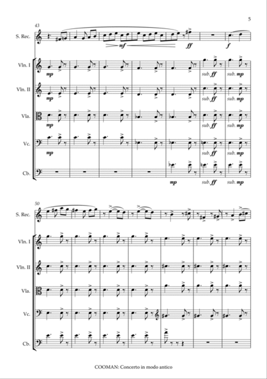 Carson Cooman : Concerto in modo antico (2011) for recorder (soprano or tenor) and strings, score, s