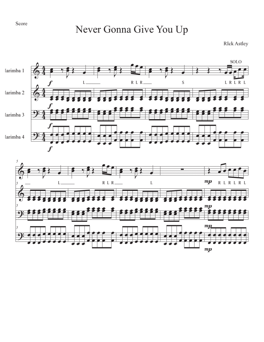 Never Gonna Give You Up Never Gonna Give You Up Marimba scores gallery preview page 1