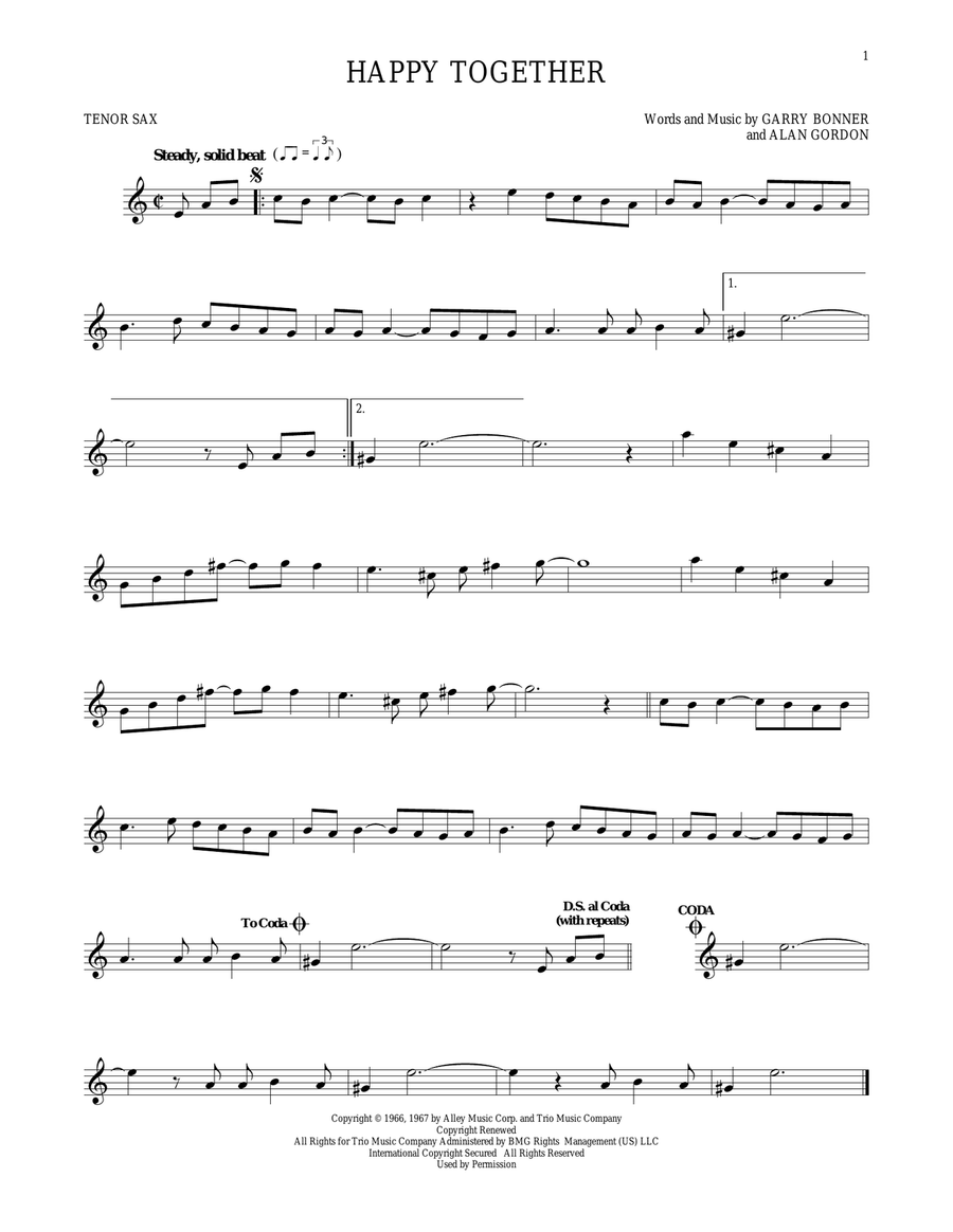 Happy Together Tenor Saxophone scores gallery preview page 1